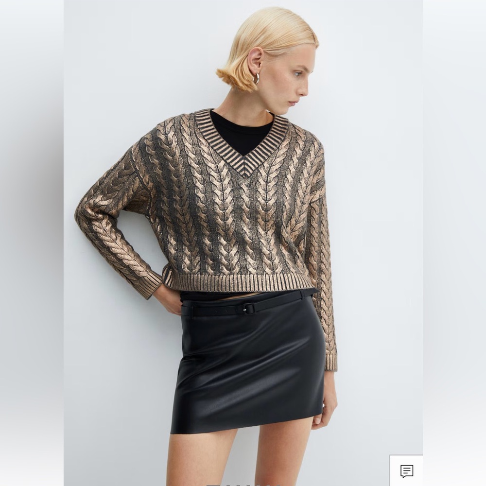 Mango Gold V-Neck Cropped Sweater with Cable Knit
